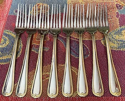 8 Dinner Forks Pfaltzgraff Newcastle Gold Beaded Stainless 8.25  Discontinued • $9.99