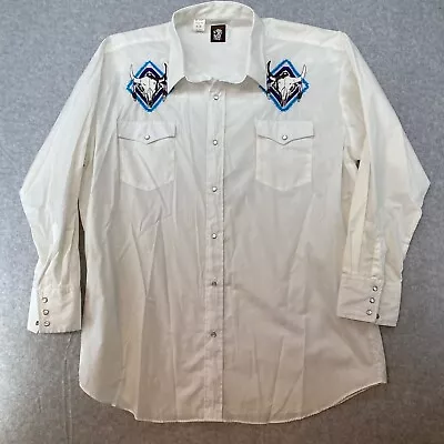 Vintage Karman Size 18-35 Embroidered Bull Skull Western Shirt White Pearl Snap • $24.99