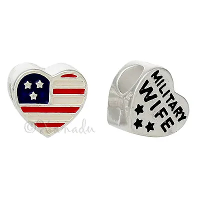 Military Wife American Flag Heart European Charm Bead For Large Hole Bracelets • $2.99