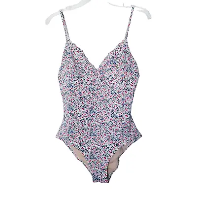 J. Crew Swimsuit One Piece Women Size 8 Floral White Red Scalloped Neckline • $29.99