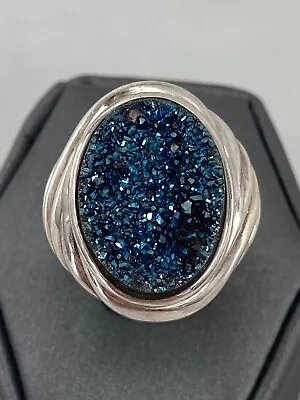 Druzy Quartz Blue Affinity Qvc Ea Sterling Silver Ring 6 Ribbed Scrollwork 925 • £62.68