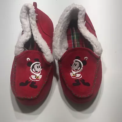 Disney House Slippers Womens Sz M/L Mickey Mouse Red Moccasin Christmas Slip On • £15.19