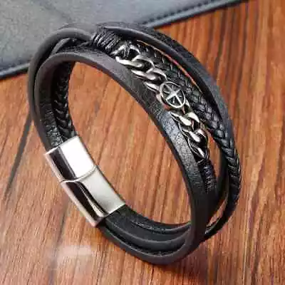 Men's Multilayer Braided Leather Stainless Steel Magnetic Bracelet Bangle Cuff • $12.34