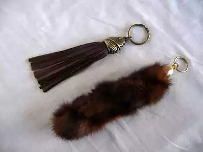 Vintage Lot 2 Twisted Brown Mink & Leather Fringe Keyrings Fobs Accessories • $12.99