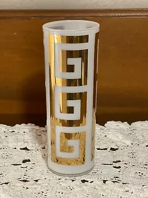 Vintage White Frosted 7  Highball Glass With Gold Greek Design Stamp On Bottom • $24