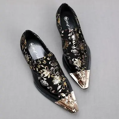 Mens Metal Pointy Toe Casual British Pumps Floral Leather Slip On Wedding Shoes • £92.87