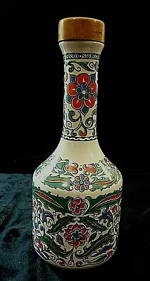 GREEK GLAZED CERAMIC LIQUOR BOTTLE W/CORK And WOOD STOPPER - METAXA Athens • $15.50