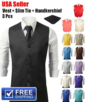 SET Vest Tie Hankie Fashion Men's Formal Dress Suit Slim Tuxedo Waistcoat Coat • $22.99