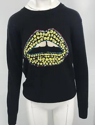 Markus Lupfer Black Wool Sweater With Yellow Sequined Lip Size Small • $85