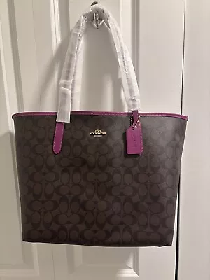 NWT  Coach  Large City Tote Brown Signature Canvas Dark Magenta Bag • $148.99