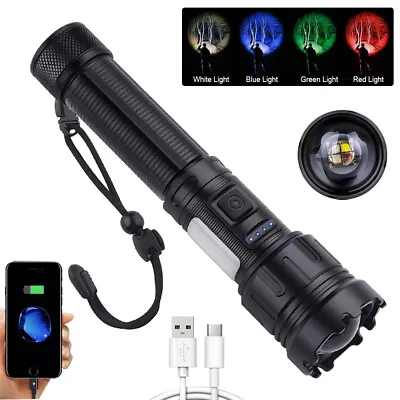 Tactical Red+Blue+Green+White Light LED Flashlight Zoomable USB Charging Torch • $13.48