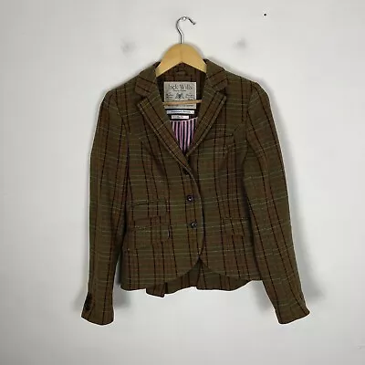 Jack Wills Tweed Jacket Blazer Women's UK 10 Green Check Wool Hacking Country • £49.95