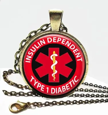 Medical Alert Necklace Type 1 Diabetic Insulin Dependent Glass Top Pendant Chain • $12.95