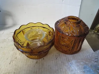 Fairy Lamp  Indiana Glass  Stars And Bars  Amber  Votive Candle Holder Vintage • $14.95