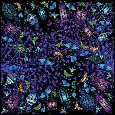 100% Silk Twill Square Scarf Black Blue Purple Wrap  Lanterns  - Butterfly Moth • $80