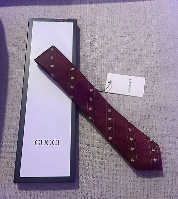 $76 • Buy GUCCI Burgundy Red  Striped Tie Bee Logo Made In Italy European Market Release