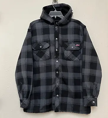 Dickies Jacket Mens L Black Plaid Hoodie Snap Pockets Fleece Drawstring Work • $29.98