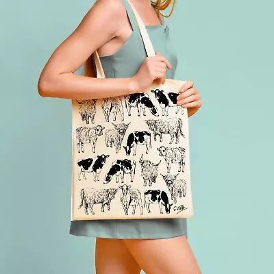 Cows Design Screen Printed Cotton Tote Bag Art Cute Animals  • £9.50