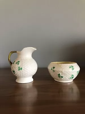 Vintage BELLEEK 1946-1955 Open Sugar Bowl & Creamer Set Shamrock Basket Weave  • $35