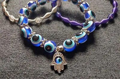 Evil Eye Hamsa Hand Charm Blue Beaded Bracelet W/Blue Silver Purple Spring Set • $9.99