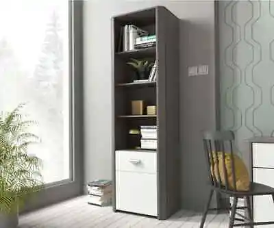 Basel Grey And White Modern 1 Door Tall Slim Bookcase Shelving Unit With Shelves • £209