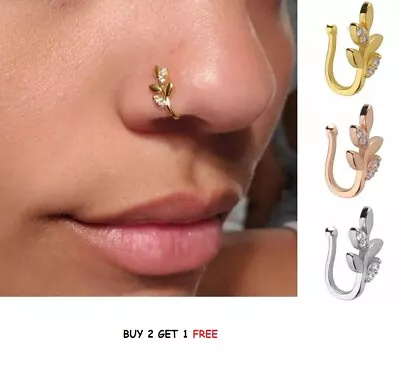 Slide On Leaf Fake Clip Nose Ring Diamante Nose Hoop Small Cuff Stud Crawler • £3.49