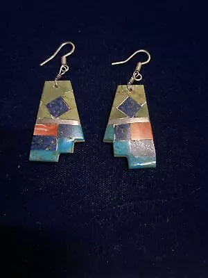 Navajo Large Sterling Silver Multi-Stone Inlay & Dangle Earrings Marked QT • $55