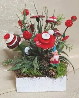 Vintage Button Flower Bouquet In A Gnome Fairy Garden Red & White. Wood Base • $12