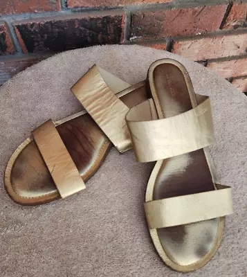 MICHAEL Michael Kors Gold Millie Slide Sandals Flat 2 Straps Leather Size 11 M • £25.65