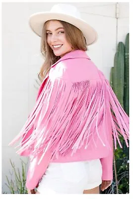 $200 • Buy Women Lambskin Barbie Jacket Party Fringed Pink Design Handmade Fancy Leather