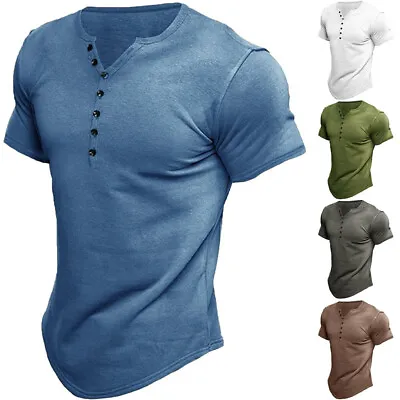 $8.78 • Buy Henley T Shirt Men Summer V Neck Henley Collar Slim Fit Short Sleeve Tee Shirt