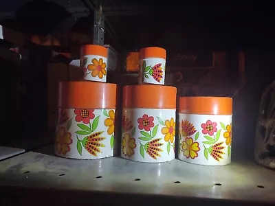 VTG 1970s Coffee CANISTER SET Salt Pepper Orange Tin GROOVY RETRO FLORAL JAPAN ! • $72.07