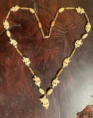 Vintage Carved Bovine Bone ELEPHANT & Gold-tone Metal Bead Necklace • $9.99