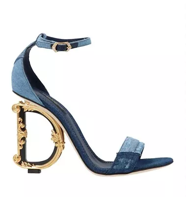 Dolce & Gabbana Sandals Blue Gold Cloth DG Logo Heels Denim Shoes Strap EU38 UK5 • £468