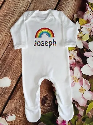 Rainbow Baby Grow Embroidered & Personalised With Name. Keepsake Gift Pyjamas • £13.49