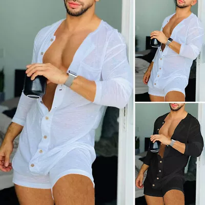 INCERUN Men's Jumpsuit Shorts Long Sleeve Slim Shorts Beach Holiday Short Pants • $26.59