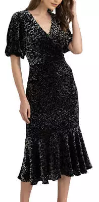 SHOSHANNA NWT $460 Collette Black & Gray Velvet Dot Short Sleeve Midi Dress Sz 2 • $98