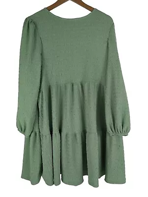 Michelle Keegan Green Smock Dress Shirred Stretch Long Sleeve Size 14 • £13.29