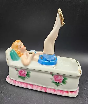 Vtg Risque Porcelain Pinup Girl W/Blue Shorts Nodder Legs Ashtray (No Fan) • $49.99