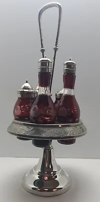 Antique 5 Bottle Silverplate Cranberry Inserts Castor Cruet Rogers Smith Meriden • $109.99