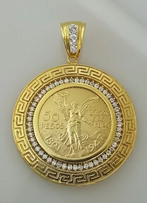 50 Pesos Moneda Mexican Round Lab Created Diamond Pendant 14K Yellow Gold Plated • $214.99