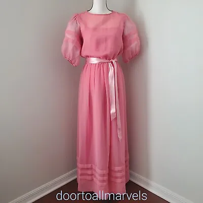 Vintage '70s Dessy Creations Pink Prom Dress Maxi Formal Puff Sleeves Sz Medium • £64.61
