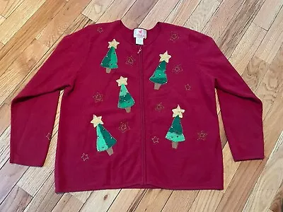 Quacker Factory Christmas Tree Cardigan Women’s Size Large Holiday Sweater Zip • $30