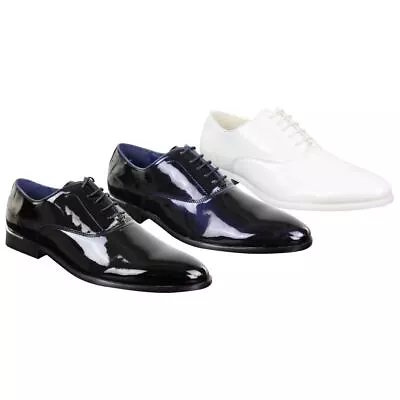 Mens Laced Shoes Shiny Patent Italian Design Silver Metal Classic Smart Formal • £32.99