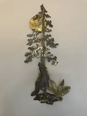 Vtg Metal Wall Sculpture Wolf Pine Tree & Moon Quality Art Studio Sconce Hanging • $35