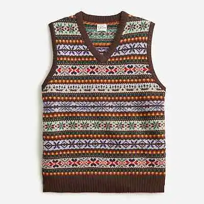 J. CREW Men's Lambswool Fair Isle Sweater-Vest Chocolate Brown - $98 NWT • $89.99