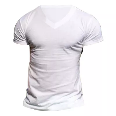 Mens V Neck Plain Short Sleeve T-Shirt Summer Slim Fit Casual Muscle Tops Tee US • $16.52