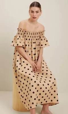 Seed Heritage Caramel Black Spot Polkadot 100% Linen Maxi Dress Size 8 + Pockets • $49
