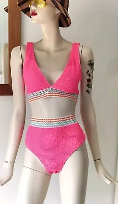 Hot Pink/Rainbow Ribbed High Bikini Set UK/L/14 🆕/Quick Dispatch! • £7.90