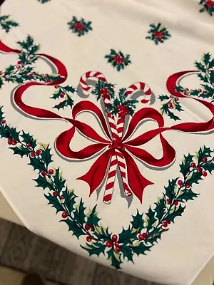 Vintage Wilendur  Christmas MCM Tablecloth Holly Candy  Canes & Ribbons 3’x5’ • $70